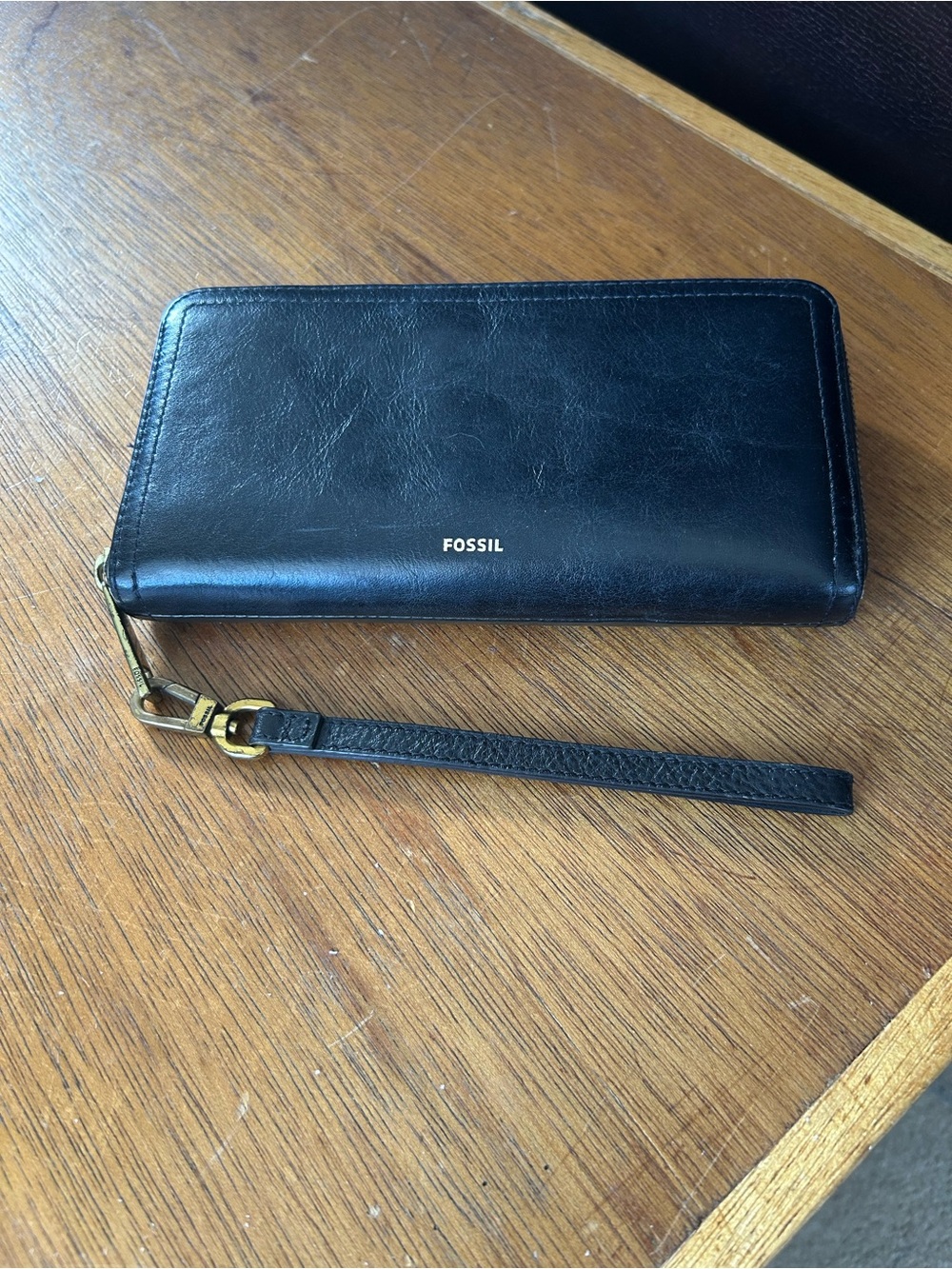 Fossil Black Leather Zip around Wristlet/Wallet with Gold Hardware